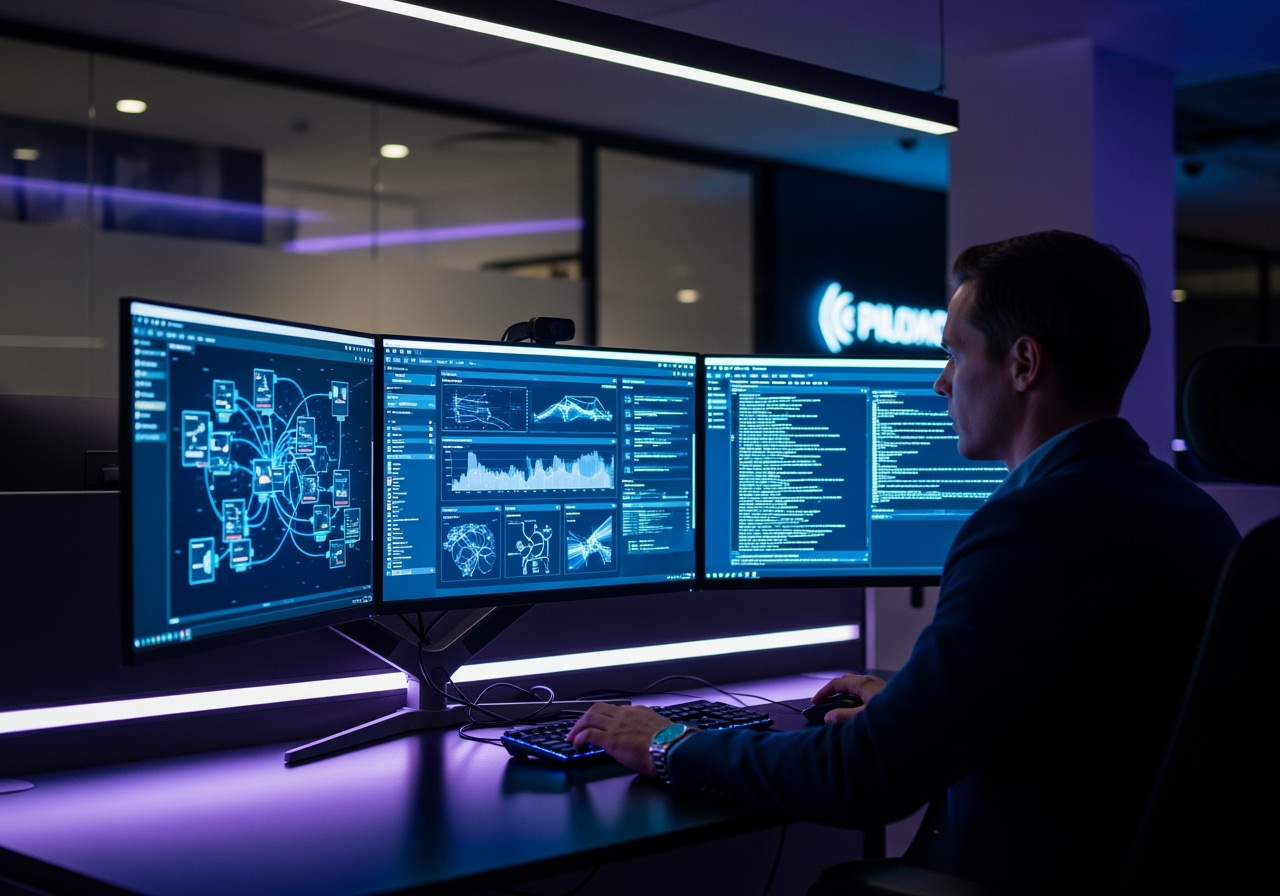 Enterprise Cybersecurity Solutions Professional Cybersecurity Expert Working On Multiple Monitors Displaying Security Dashboards And Threat Analysis Data In Modern Office Environment
