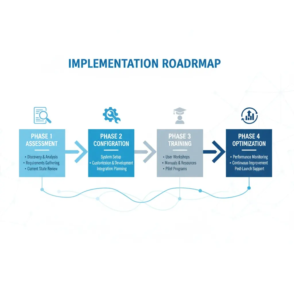Predictive Resource Allocation Ai: 60% Faster Planning In 2025 FourPhase Implementation Roadmap Showing Assessment, Configuration, Training, And Optimization Stages