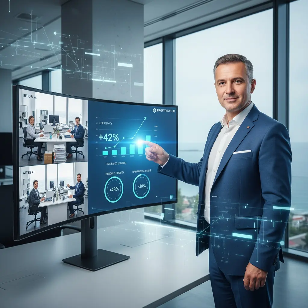 Ai Tools For Smes: Free Vs Paid Solutions 2026 Bulgarian Sme Business Owner Reviewing Ai Automation Results Showing Efficiency Gains And Growth Metrics On Varna, Bulgaria Ai Dashboard